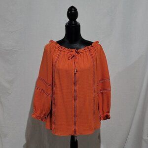 Peasant blouse Michael Kors boho orange loose tunic top cold shoulder shirt bow
